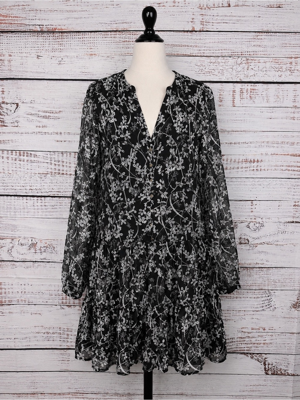 LOFT Black White Floral Tiered Babydoll Dress S - Picture 1 of 9